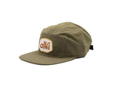 green 5 panel hat with alki patch